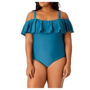 Time & Tru Blue Ruffled Off Shoulder Pull On Padded Full Coverage Swimsuit Sz 3X